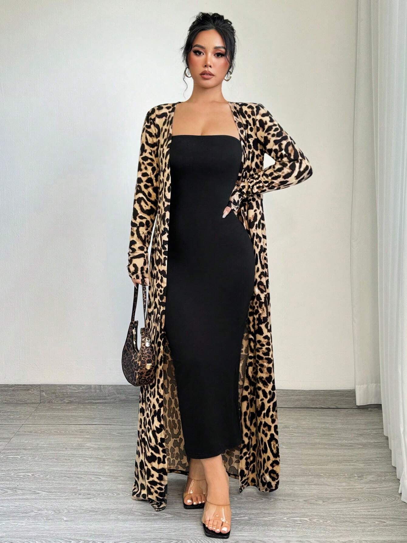 SXY 2pcs Women's Spring Summer Leopard Print Long Sleeve Maxi Jacket And Bodycon Dress Set