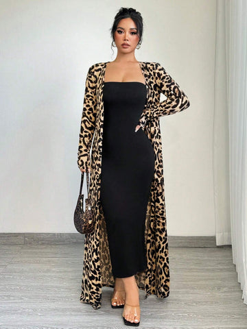 SXY 2pcs Women's Spring Summer Leopard Print Long Sleeve Maxi Jacket And Bodycon Dress Set