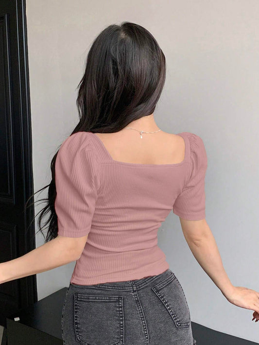 DAZY Square Neck Puff Sleeve Cropped Slim Fit Short Sleeve T-Shirt