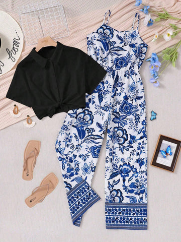 LUNE Casual Women Solid Color Tie Front Shirt And Floral Printed Spaghetti Strap Jumpsuit Set