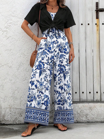 LUNE Casual Women Solid Color Tie Front Shirt And Floral Printed Spaghetti Strap Jumpsuit Set