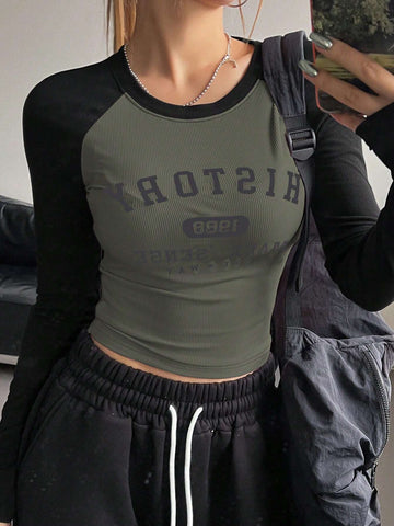 DAZY Color Block Raglan Sleeve Letter Print Round Neck Slim Fit Long Sleeve Women's T-Shirt