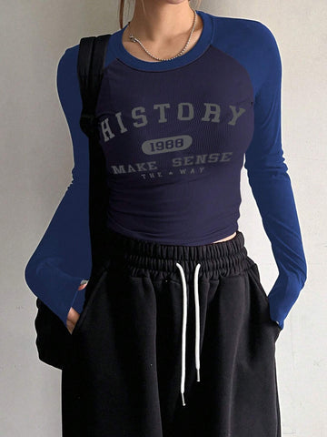DAZY Color Block Raglan Sleeve Letter Print Round Neck Slim Fit Long Sleeve Women's T-Shirt