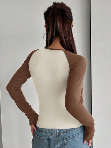 DAZY Women Color-Block Simple Casual Long Sleeve T-Shirt