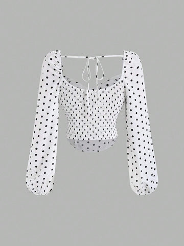 MOD Polka Dot Vintage Palace Style Square Collar Long Sleeve Shirt