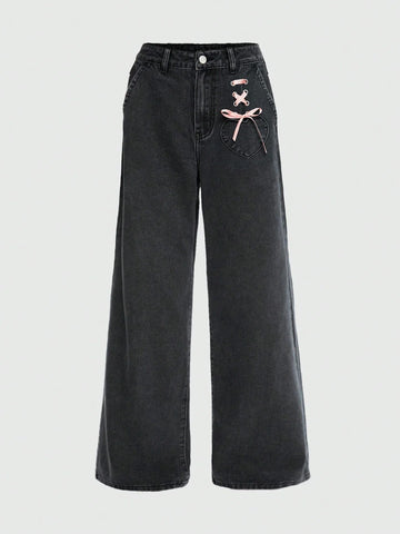 ROMWE Kawaii Lace Up Front Wide Leg Jeans