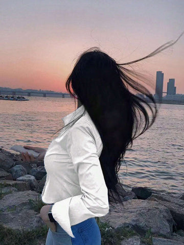 Women's Casual Solid Curved Hem Button Down Shirt