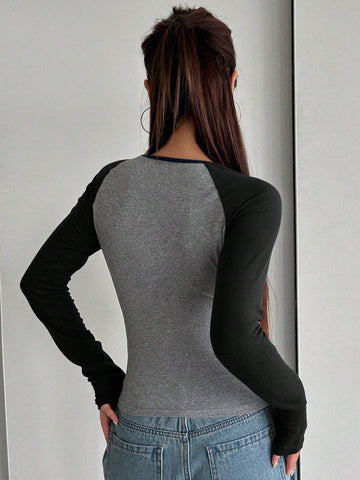 DAZY Women Color-Block Simple Casual Long Sleeve T-Shirt