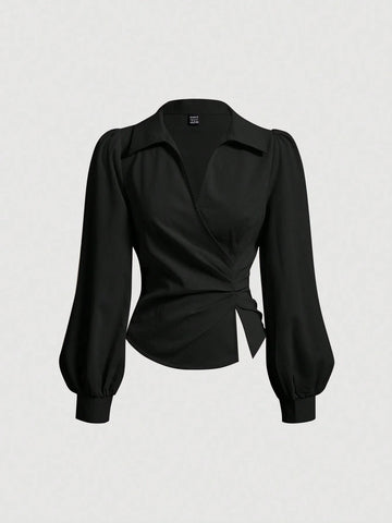 MOD Women's Lantern Sleeve Ruched Waist Split Hem Commuter Blouse