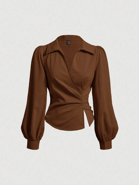 MOD Women's Lantern Sleeve Ruched Waist Split Hem Commuter Blouse