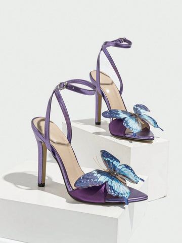 Women High Heels Pumps Pointed Toe Shiny 3D Butterfly Decor Sexy Open Toe Elegant Purple Snake Print Summer Sandals