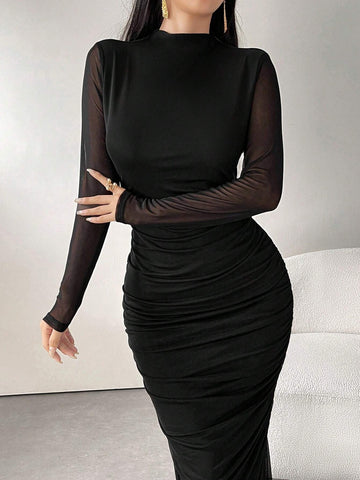Women's Solid Color Minimalist Everyday Long Sleeve Mesh Dress