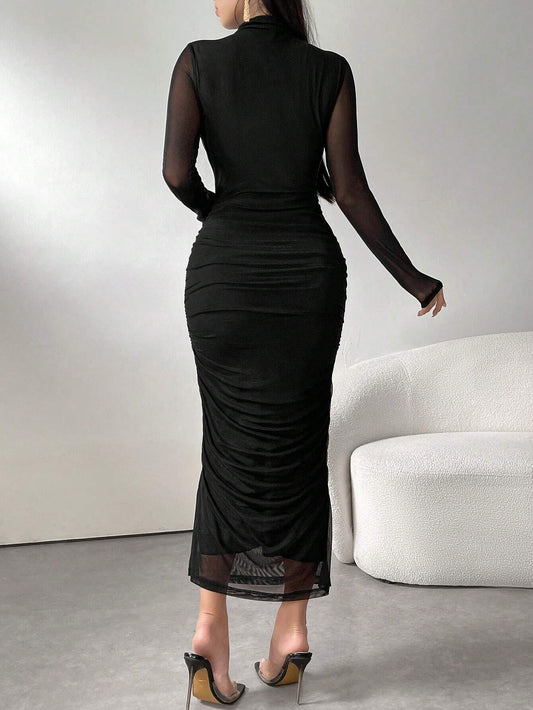 Women's Solid Color Minimalist Everyday Long Sleeve Mesh Dress