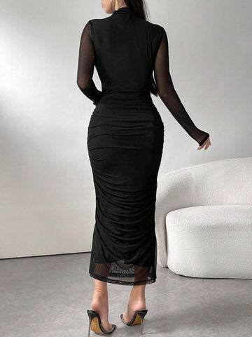 Women's Solid Color Minimalist Everyday Long Sleeve Mesh Dress