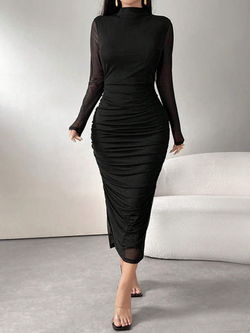 Women's Solid Color Minimalist Everyday Long Sleeve Mesh Dress