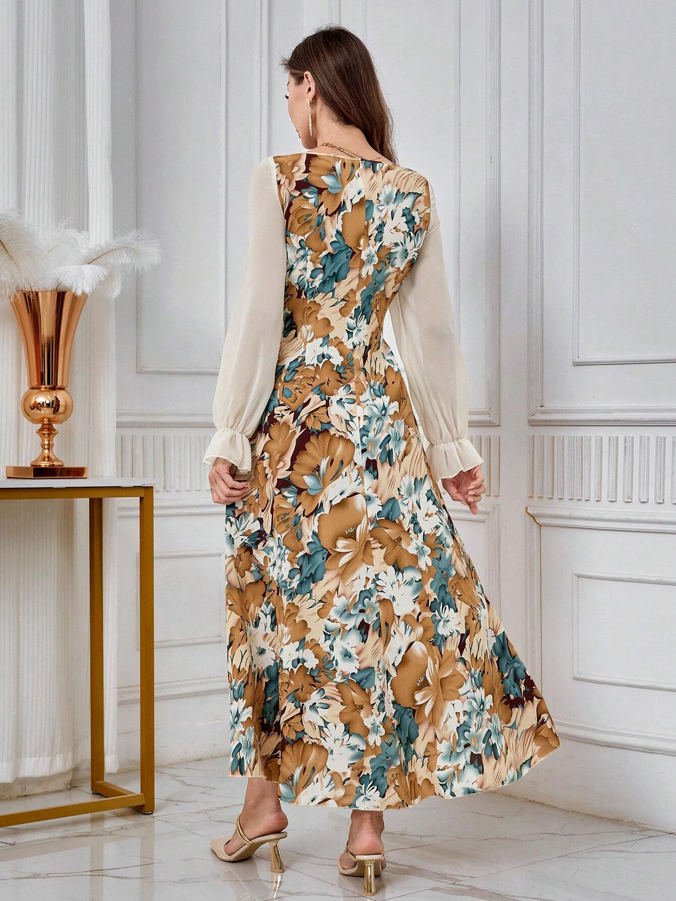 Mulvari Women's Floral Patchwork Ruffle Sleeve Sweetheart Neckline Dress