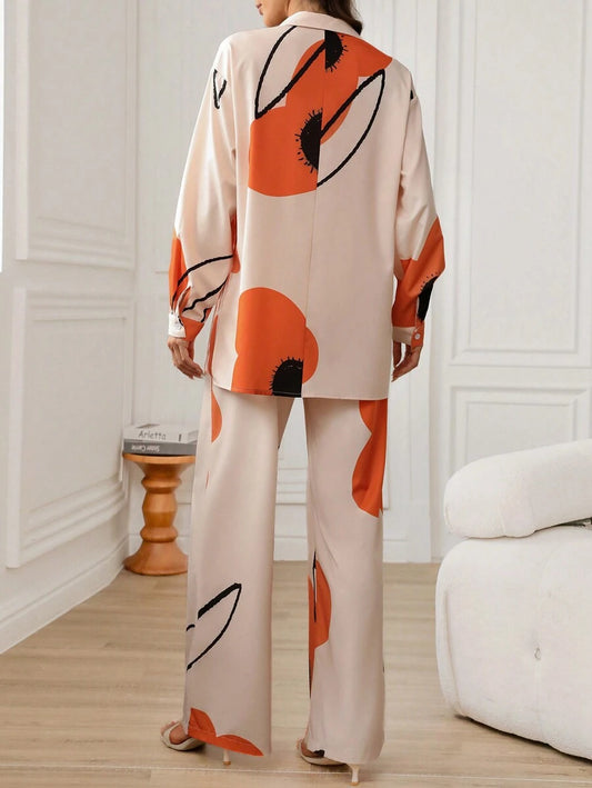 2pcs Women's Autumn Long Sleeve Blouse With Floral Print And Back-To-School Motif
