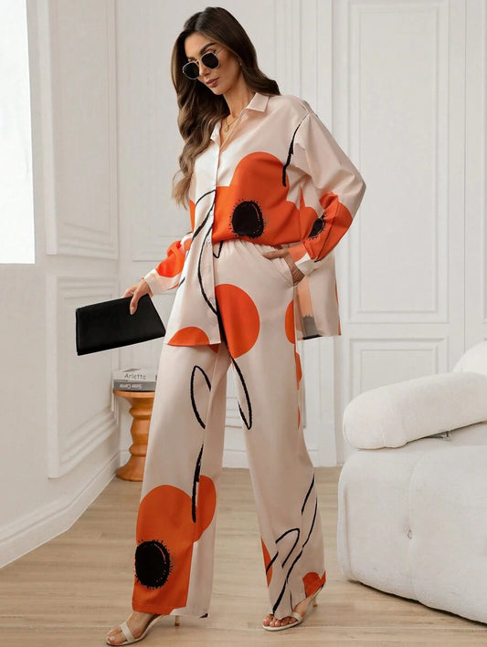 2pcs Women's Autumn Long Sleeve Blouse With Floral Print And Back-To-School Motif