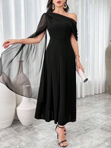 Modelyn Women's Oblique Shoulder Solid Color Long Casual Dress