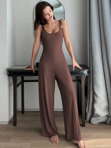 DAZY Women's Solid Color Simple Casual Straight Knitted Drawstring Jumpsuit