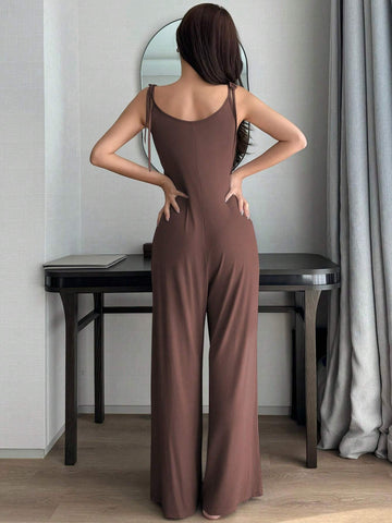 DAZY Women's Solid Color Simple Casual Straight Knitted Drawstring Jumpsuit