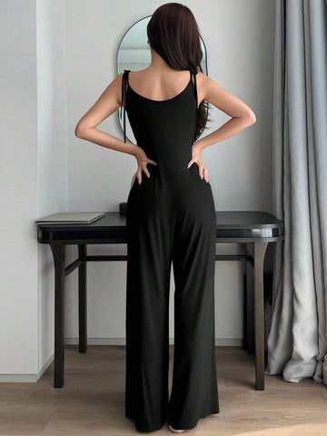 DAZY Women's Solid Color Simple Casual Straight Knitted Drawstring Jumpsuit
