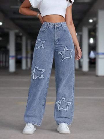 Women Casual Star Embroidered Denim Jeans