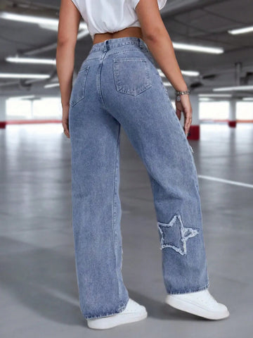 Women Casual Star Embroidered Denim Jeans