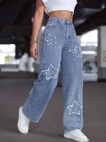 Women Casual Star Embroidered Denim Jeans