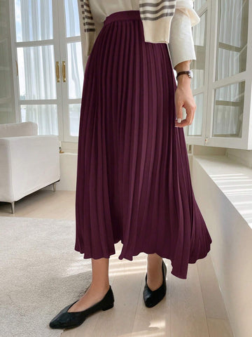 DAZY Solid Color Cinched Waist Simple Pleated Skirt