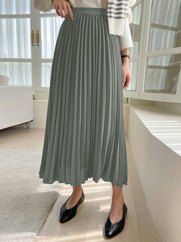 DAZY Solid Color Cinched Waist Simple Pleated Skirt