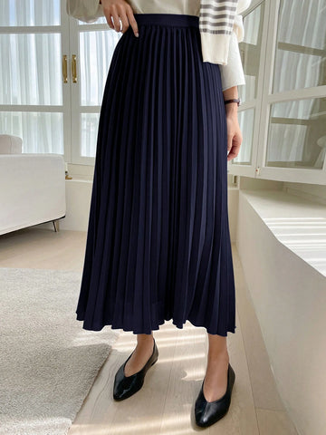 DAZY Solid Color Cinched Waist Simple Pleated Skirt