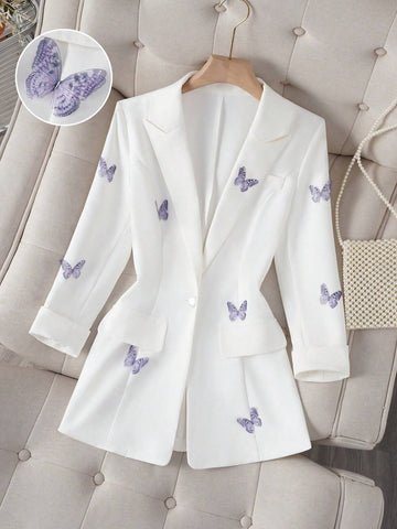 Privé Butterfly Print Single Button Blazer