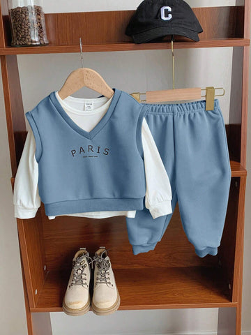 3pcs Set Baby Boy/Girl Letter Print Crew Neck Short Sleeve Top And Solid Color Pants