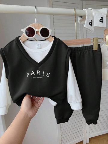 3pcs Set Baby Boy/Girl Letter Print Crew Neck Short Sleeve Top And Solid Color Pants