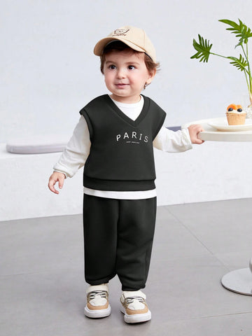 3pcs Set Baby Boy/Girl Letter Print Crew Neck Short Sleeve Top And Solid Color Pants