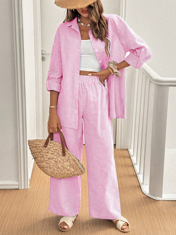 Women's Solid Color Single-Breasted Roll-Up Sleeve Shirt And Wide-Leg Pants