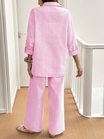 Women's Solid Color Single-Breasted Roll-Up Sleeve Shirt And Wide-Leg Pants