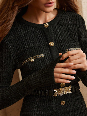 Anewsta Beige Elegant Christmas Fitted Textured Plaid Chain Decor Faux Pocket Rose Gold Metal Belt Bodysuit