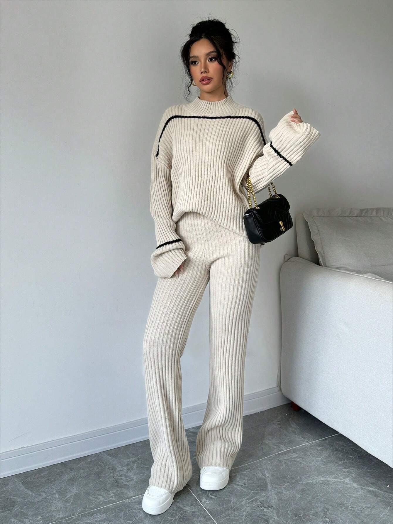 Essnce Stand Collar Color Block Trim Long Sleeve Sweater Top And Long Pants 2 Piece Set