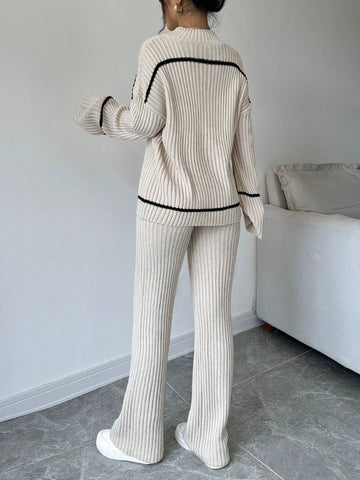 Essnce Stand Collar Color Block Trim Long Sleeve Sweater Top And Long Pants 2 Piece Set