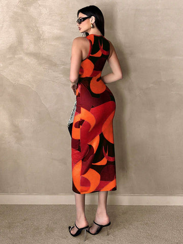 Essnce Women's Fashionable Color-Block Printed Ruched Sleeveless Dress With Elastic Waist