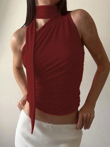 Women Solid Color One Shoulder Sleeveless Summer Tank Top