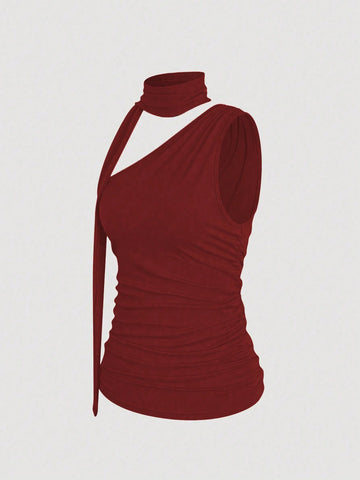 Women Solid Color One Shoulder Sleeveless Summer Tank Top