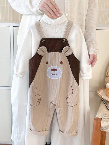 Newborn Baby Boy Cartoon Bear Embroidered Contrast Color Bib & Pants Romper