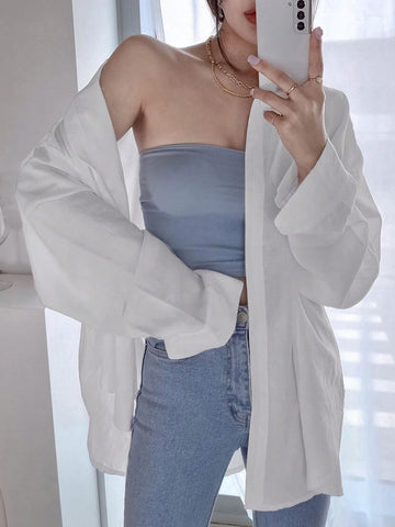 Women's Solid Color Single Breasted Asymmetrical Hem Super Loose Shirt