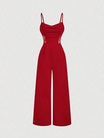 Retro Lace Hollow Out , Wide Leg Jumpsuit