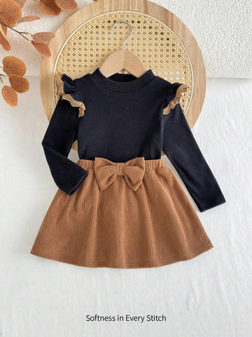 Cozy Pixies 2pcs Baby Girl Collared Ruffle Long Sleeve Blouse & Elastic Waist Skirt Set