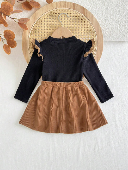 Cozy Pixies 2pcs Baby Girl Collared Ruffle Long Sleeve Blouse & Elastic Waist Skirt Set