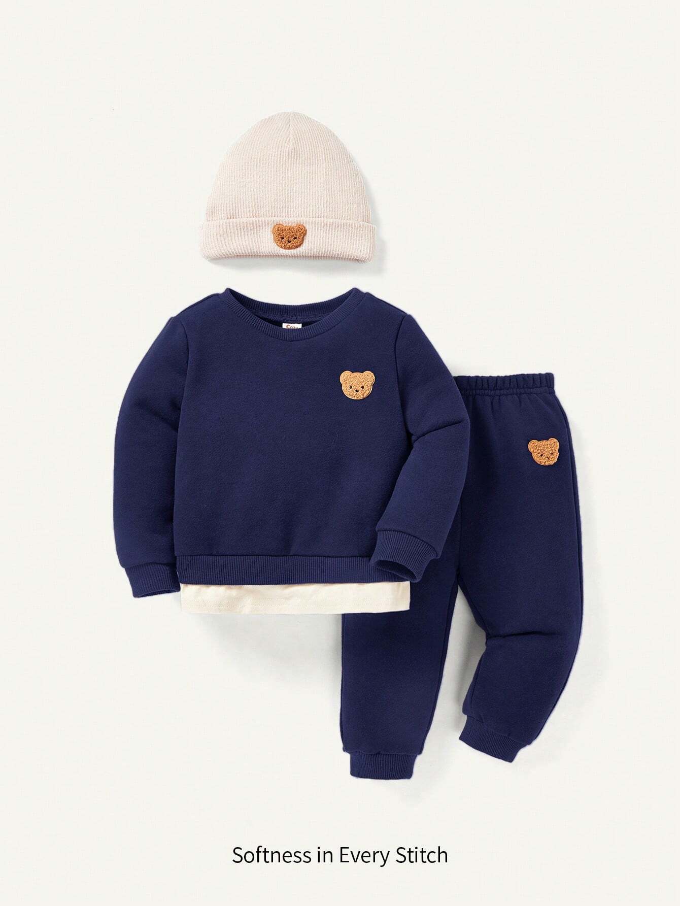 Cozy Pixies Baby Boys' Adorable Bear Pattern Sweatshirt, Pants And Hat Set